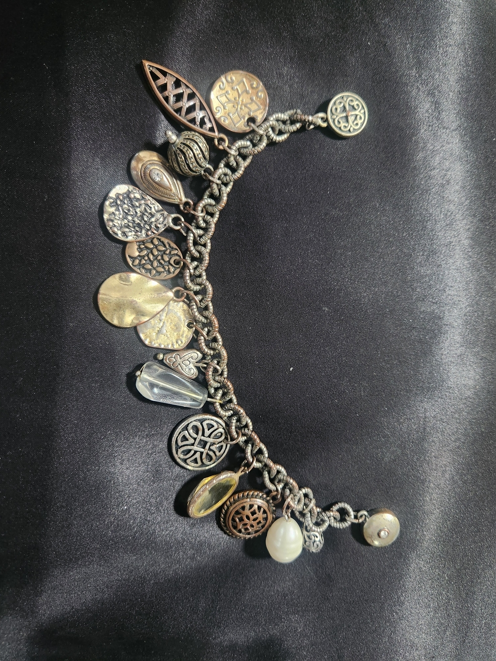 Mixed Metal Charm Bracelet with Pearl Drop - Women's Jewelry